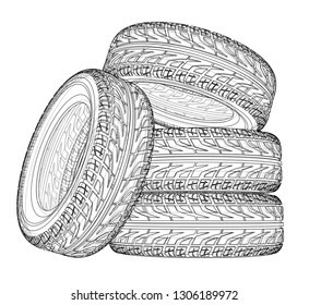 Car tires concept. Vector rendering of 3d. Wire-frame style. The layers of visible and invisible lines are separated