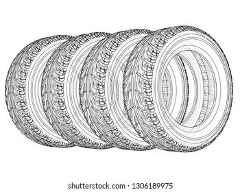 Car tires concept. Vector rendering of 3d. Wire-frame style. The layers of visible and invisible lines are separated