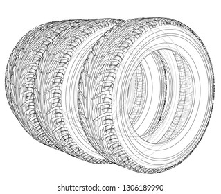 Car tires concept. Vector rendering of 3d. Wire-frame style. The layers of visible and invisible lines are separated