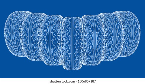 Car tires concept. Vector rendering of 3d. Wire-frame style. The layers of visible and invisible lines are separated