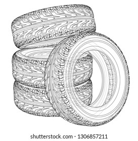 Car tires concept. Vector rendering of 3d. Wire-frame style. The layers of visible and invisible lines are separated
