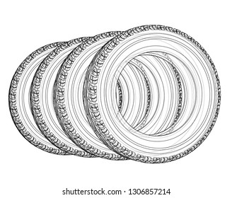 Car tires concept. Vector rendering of 3d. Wire-frame style. The layers of visible and invisible lines are separated