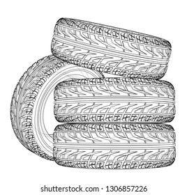Car tires concept. Vector rendering of 3d. Wire-frame style. The layers of visible and invisible lines are separated