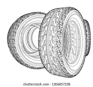 Car tires concept. Vector rendering of 3d. Wire-frame style. The layers of visible and invisible lines are separated