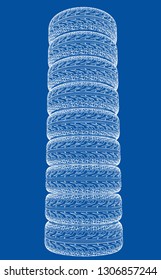 Car tires concept. Vector rendering of 3d. Wire-frame style. The layers of visible and invisible lines are separated