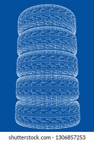 Car tires concept. Vector rendering of 3d. Wire-frame style. The layers of visible and invisible lines are separated