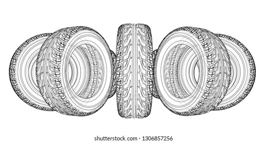 Car tires concept. Vector rendering of 3d. Wire-frame style. The layers of visible and invisible lines are separated