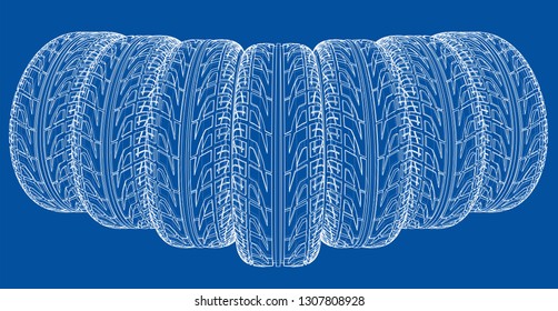 Car tires concept. Vector rendering of 3d. Wire-frame style. The layers of visible and invisible lines are separated