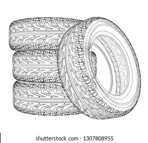 Car tires concept. Vector rendering of 3d. Wire-frame style. The layers of visible and invisible lines are separated