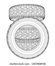 Car tires concept. Vector rendering of 3d. Wire-frame style. The layers of visible and invisible lines are separated