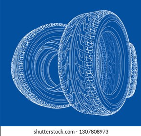 Car tires concept. Vector rendering of 3d. Wire-frame style. The layers of visible and invisible lines are separated