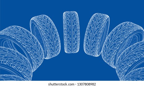 Car tires concept. Vector rendering of 3d. Wire-frame style. The layers of visible and invisible lines are separated