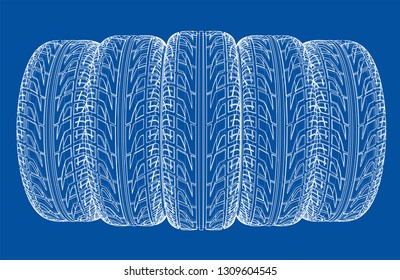 Car tires concept. Vector rendering of 3d. Wire-frame style. The layers of visible and invisible lines are separated