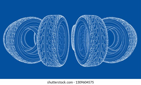 Car tires concept. Vector rendering of 3d. Wire-frame style. The layers of visible and invisible lines are separated