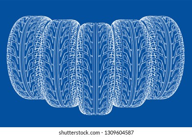 Car tires concept. Vector rendering of 3d. Wire-frame style. The layers of visible and invisible lines are separated