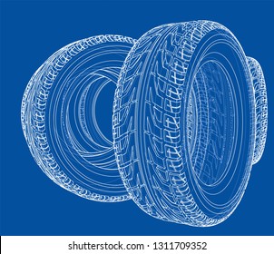 Car tires concept. Vector rendering of 3d. Wire-frame style. The layers of visible and invisible lines are separated