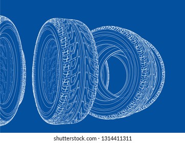 Car tires concept. Vector rendering of 3d. Wire-frame style. The layers of visible and invisible lines are separated