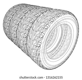 Car tires concept. Vector rendering of 3d. Wire-frame style. The layers of visible and invisible lines are separated