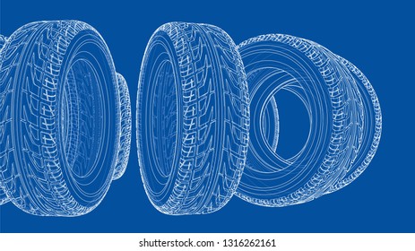 Car tires concept. Vector rendering of 3d. Wire-frame style. The layers of visible and invisible lines are separated