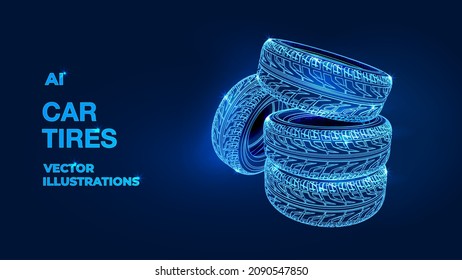 Car tires concept. Vector rendering of 3d. Wire-frame style. The layers of visible and invisible lines are separated
Polygonal 3d сar tires in dark blue background. Online cargo delivery service.