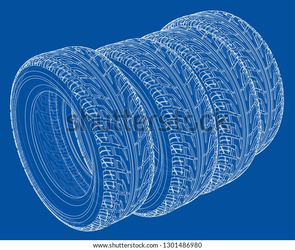 Car tires\
concept. Vector rendering of 3d. Wire-frame style. The layers of\
visible and invisible lines are\
separated