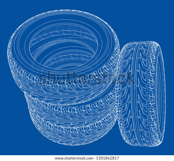 Car tires
concept. Vector rendering of 3d. Wire-frame style. The layers of
visible and invisible lines are
separated