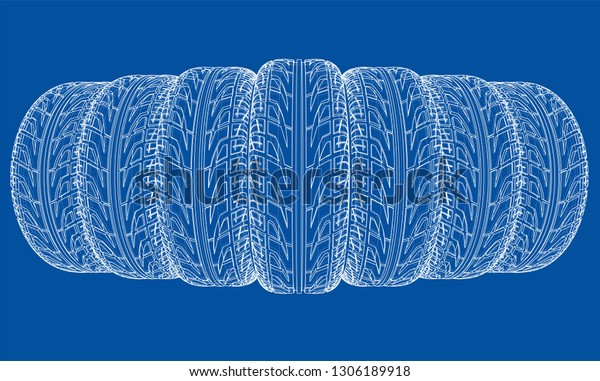 Car tires\
concept. Vector rendering of 3d. Wire-frame style. The layers of\
visible and invisible lines are\
separated