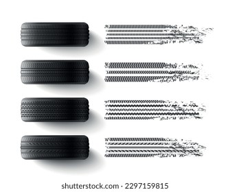 Car tires with different protector tread patterns realistic monochrome set isolated on white background vector illustration