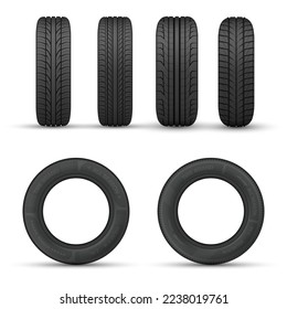 Car tires with different tread tracks front side view set realistic vector illustration. Automobile rubber wheel protector transportation circle trail structure seasonal change automotive speed race