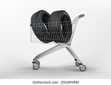 Car tires in the grocery basket. Shopping trolley with wheels. A pair of car wheels with cast rims and new tiresю. Tire set. Wheel icon. Tire shop, tyres change auto service. Isolated.