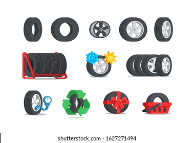 Car tires icon set. Color tyres in flat style. Сoncept for service or store. Isolated vector illustration on white background.