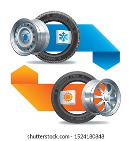 Car tires with labels indicating the season of use summer and winter in a composition with indicating arrows.