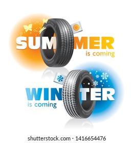 Car tires with names of seasons remind of when they need to be changed in time