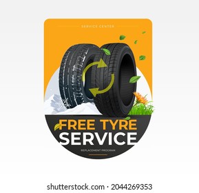 Car tires with names of seasons remind of when they need to be changed in time. Replacement program. Free tyre service. Label design for tyre change.