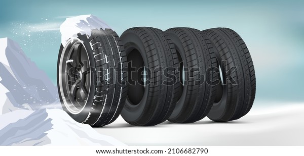 Car tires on the winter roadway. Set of icy wheels\
with snow on top. Collection of winter tires and snow poster. Tires\
in a snowdrift. A blizzard blows over car wheels. Tyre with rim on\
snowy road.