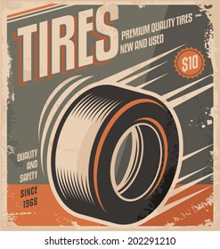 Car Tires Retro Poster Design Creative Concept. Vintage Ad Template For Auto Industry And Service.