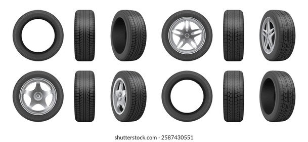 Car tires of rubber with disks. Vector realistic isolated set of tyres in different positions. Automobile wheels and maintenance. Truck or vehicle repairing and replacement for next season