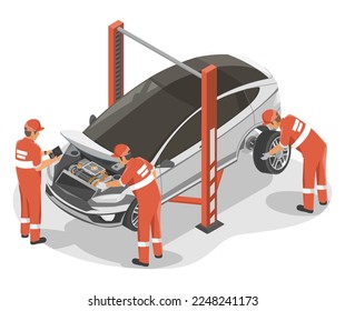 Car Tires Service center Red Team Inspection Inspector Auto Engineer and Motor Technician Maintenance and Repair isometric vector isolated