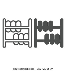 Car tires shelf line and solid icon, tires fitting concept. Vector graphics. Store shelf with any season tires, shopping sign on white background, outline style icon for mobile or web design