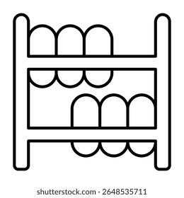 Car tires shelf thin line icon, tires fitting concept. Vector graphics. Store shelf with any season tires, shopping sign on white background, style mobile or design