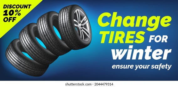 Car tires shop banner with discount offer, blue background. Brochure template with automobile wheels sale ad, vector illustration