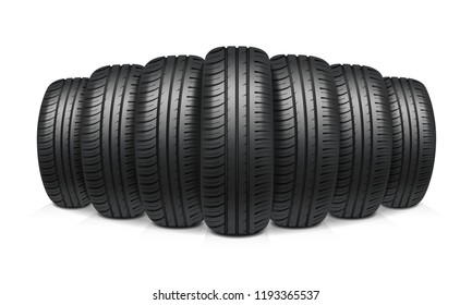 Car tires with similar tread assembled in row realistic design concept vector illustration