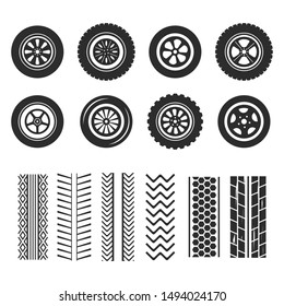 Car tires and track traces vector isolated icons of tire tread pattern. Vector illustration, eps10.