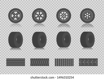 Car tires and track traces vector isolated icons of tire tread pattern. Vector illustration, eps10.