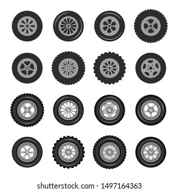 Car tires and track traces vector isolated icons of tire tread pattern. Vector illustration, eps10.