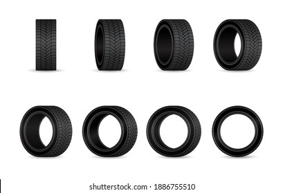 Car tires vector set. Different angles wheels isolated. 