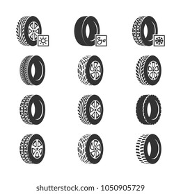 Car tires, wheel disk auto service vector icons isolated on white. Vector illustration