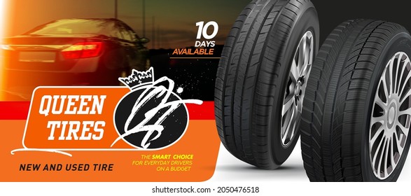 Car tires.Advertising banner for the sale. Black rubber tire. Realistic shining disk car set. Information. Store. Action. Landscape poster, flyer, booklet brochure and web design.