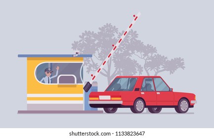 Car at toll booth. Vehicle passing open gate on road, highway, barrier for drivers to stop and pay toll. City street beautification, urban design concept. Vector flat style cartoon illustration