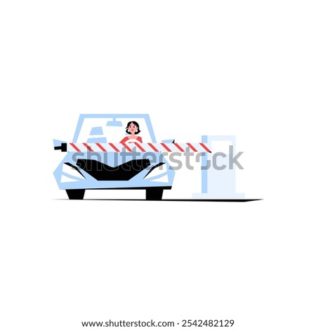 Car At Toll Gate With Driver In Flat Vector Illustration Symbolizing Road Travel, Transportation, And Toll Payment, Isolated On White Background